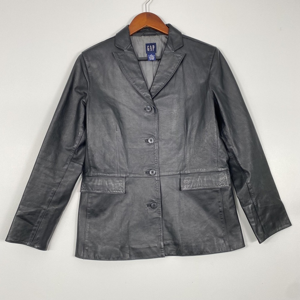 Gap Leather Jacket Womens Medium Black 90s Single‎ Breasted Lined Button